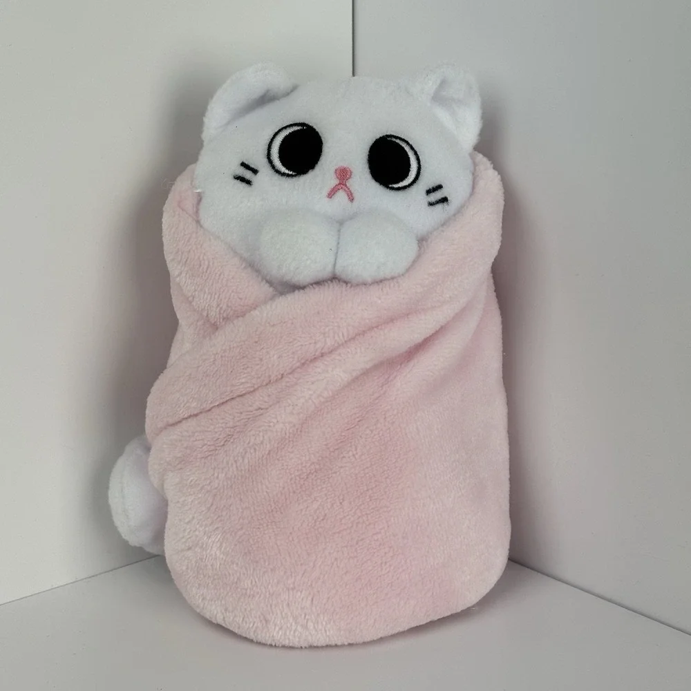 UNCUTE PURRITOS MOCHI WHITE KITTEN BABY WRAPPED IN PINK LOVEY BLANKET PLUSH